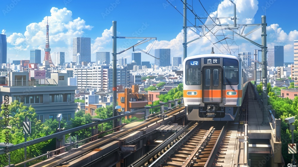 Fototapeta premium Japanese City Subway with Urban Background, Blue Sky, and Outdoor Setting, Featuring Tracks Running and Subway in Motion, Ideal for Urban Transportation and Cityscape Illustrations.