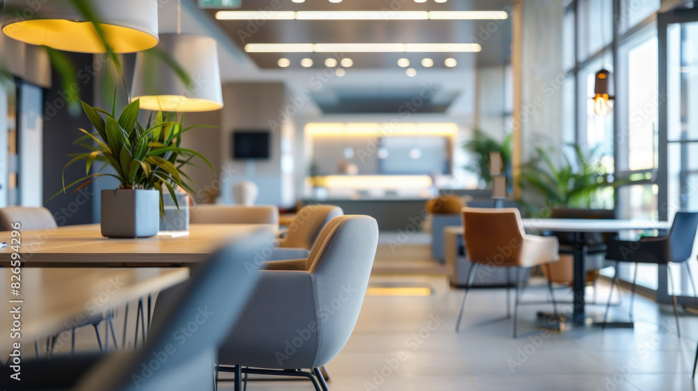 Out-of-focus modern office interior, creating a chic and functional work setting. Out-of-focus modern office interior, creating a chic and functional work setting.