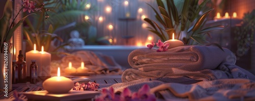 Luxury spa with candles and essential oils, Relaxation, Digital Art photo