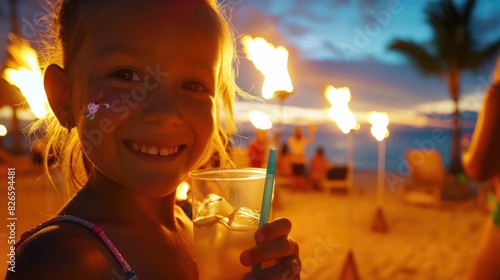 A little girl is holding a lit candle on the beach, under the starry sky during a happy event. The scene is reminiscent of fun travels and classic cocktails like aguas frescas in a martini glass AIG50 © Summit Art Creations