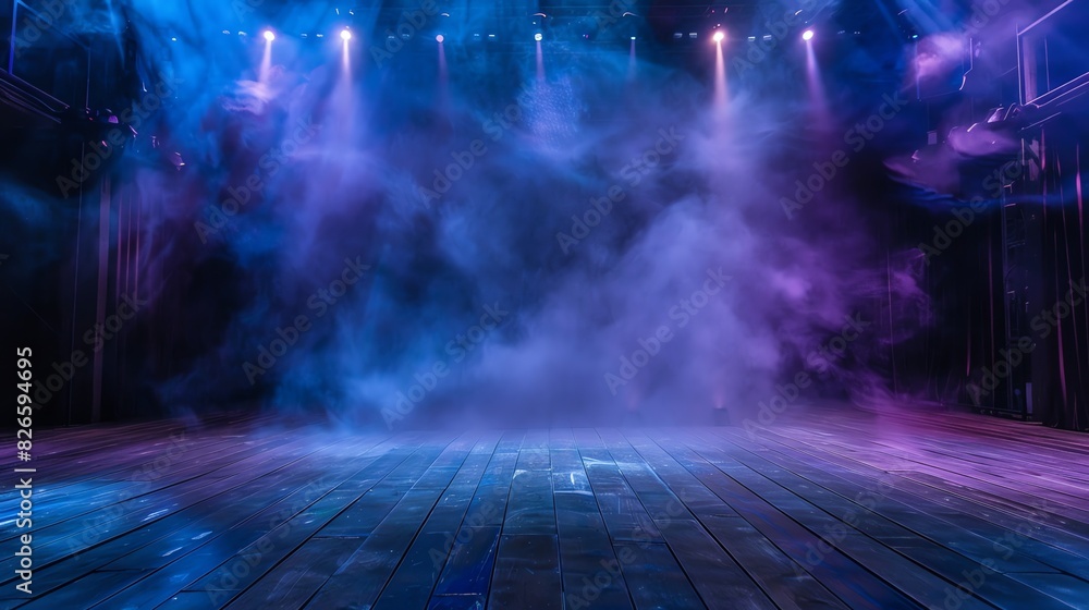 Atmospheric empty stage with blue and purple lighting smoke effects