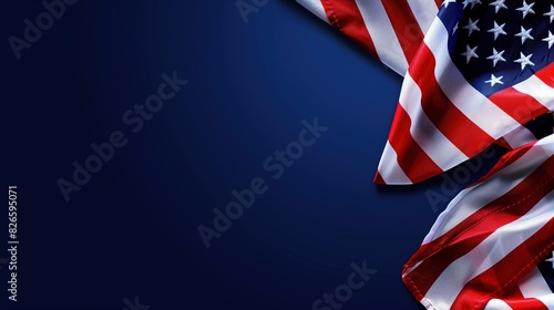 A American flags with vibrant colors, set against a deep navy blue background, empty space for Flag Day event details or patriotic slogans photo
