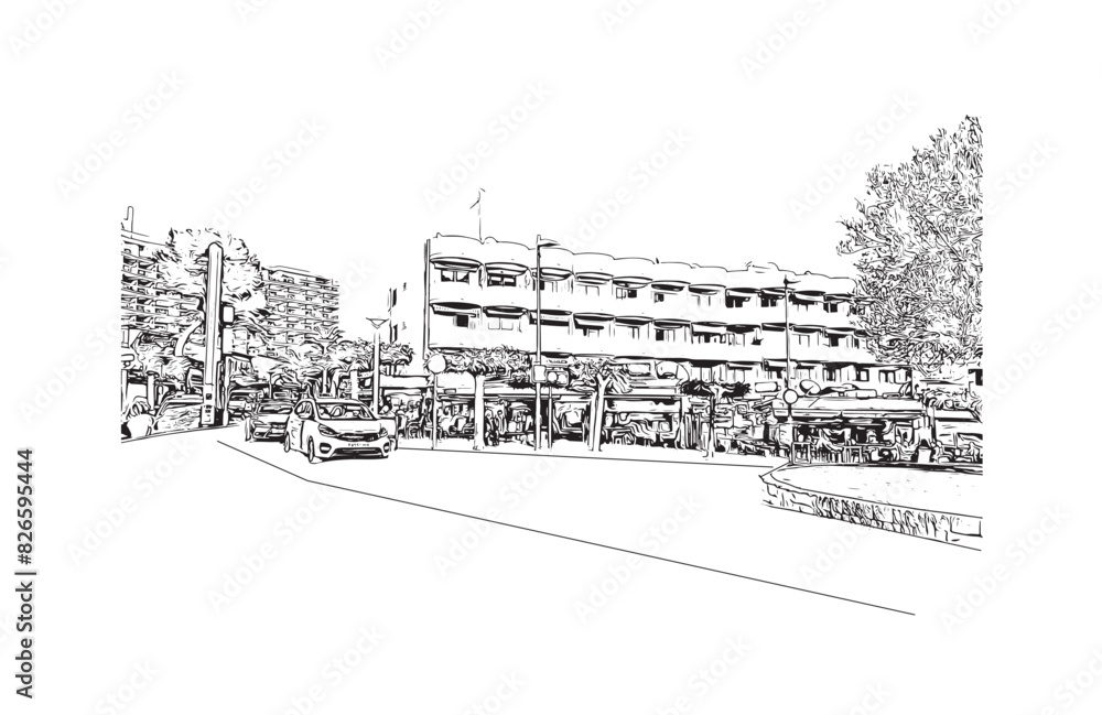 Print Building view with landmark of Santa Ponsa is the village in Spain. Hand drawn sketch illustration in vector. Print Building view with landmark of Santa Ponsa is the village in Spain. Hand drawn sketch illustration in vector.