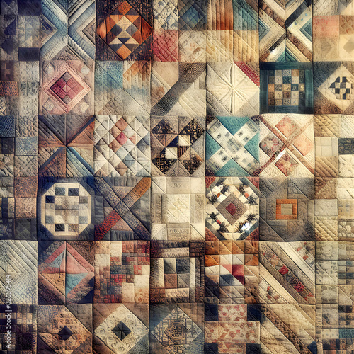 Faded netural brown patchwork squares quilt pattern photo