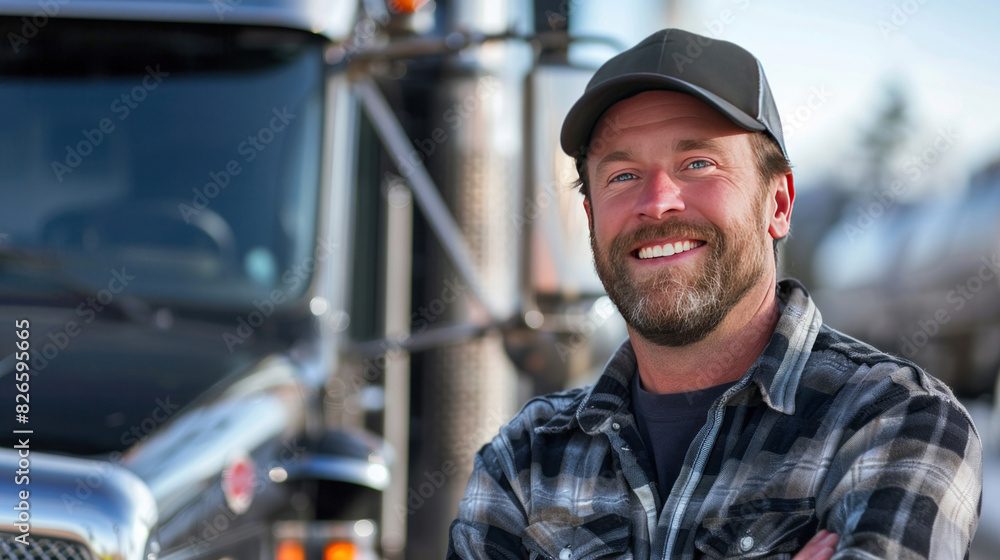 A bright smile, the confident male driver stands tall beside his truck, embodying the satisfaction of a job well done. A bright smile, the confident male driver stands tall beside his truck, embodying the satisfaction of a job well done.