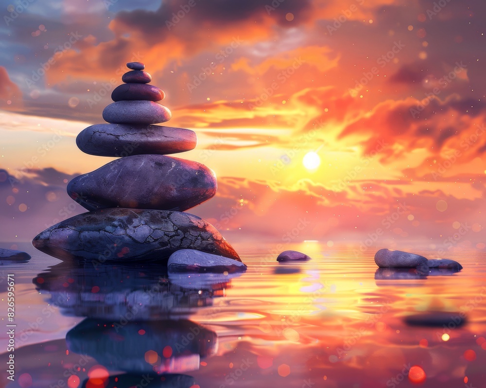 Fototapeta premium Stones in water with sunset and colorful sky in background.