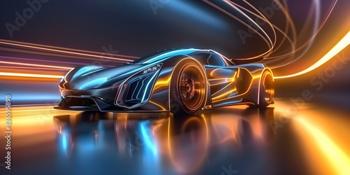 Powerful Acceleration and Hype: Neonlit Futuristic Sports Car. Concept Futuristic Cars, Neon Lighting, Speed Demon, Automotive Innovation, High-Tech Design photo