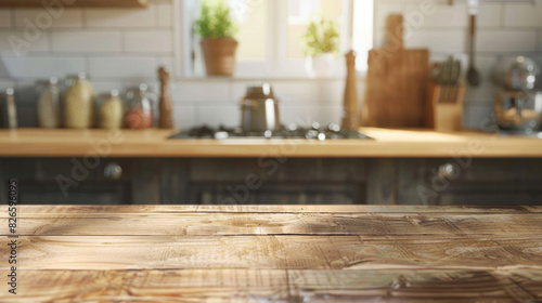 Empty of Wooden table top against a blurred kitchen backdrop  offering a stylish surface for product presentation or layout design.