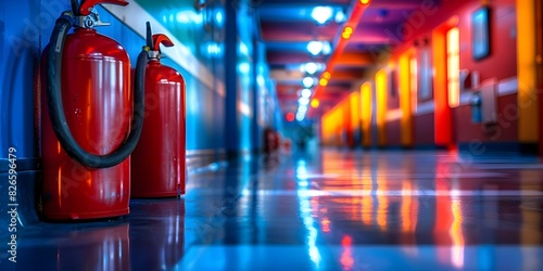 Emergency exit signs and fire extinguishers in school hallways for safety. Concept Emergency Preparedness, School Safety, Fire Prevention, Building Regulations © Ян Заболотний