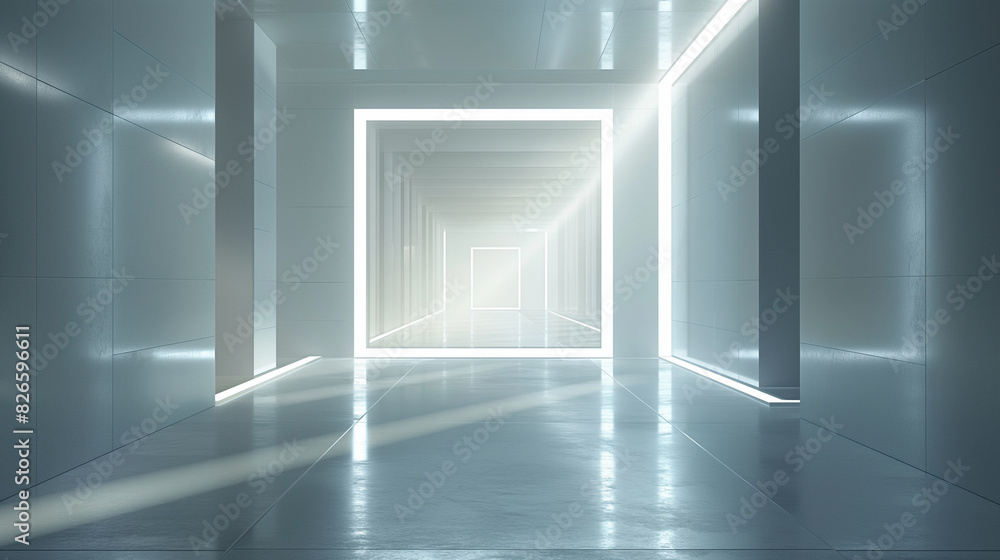A large, empty room with a white ceiling and white walls A large, empty room with a white ceiling and white walls