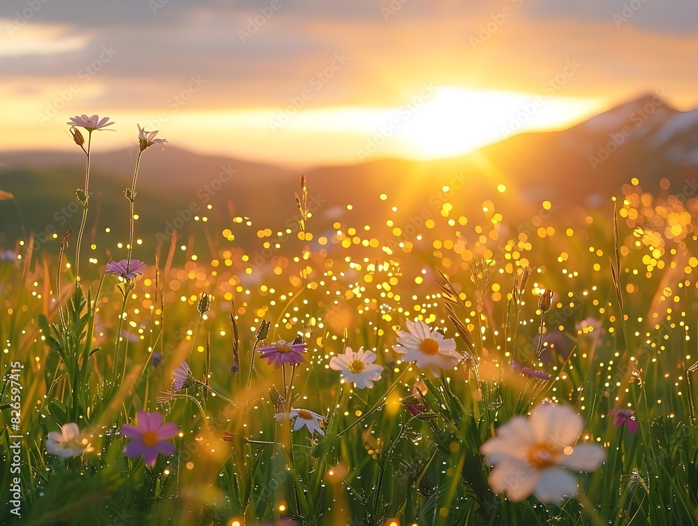 Fototapeta premium Breathtaking Sunrise over a Vibrant Mountain Meadow with Lush Wildflowers and Majestic Peaks in the Distance