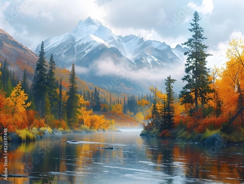 Majestic Autumn Landscape with Serene Mountain Lake and Vibrant Foliage © Thares2020