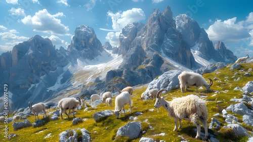 Majestic Alpine Landscape with Grazing Wild Goats Amid Rugged Snow Capped Peaks and Lush Grassy Slopes Under Crisp Blue Sky photo