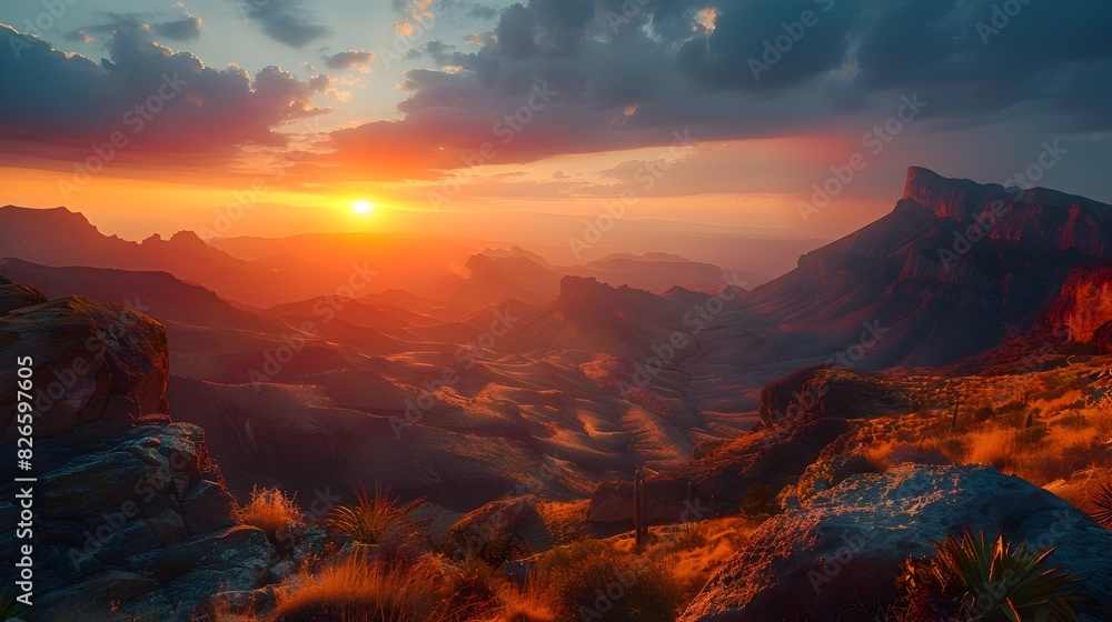 Majestic Sunset Over Dramatic Desert Mountain Range with Captivating Rock Formations and Vibrant Skies