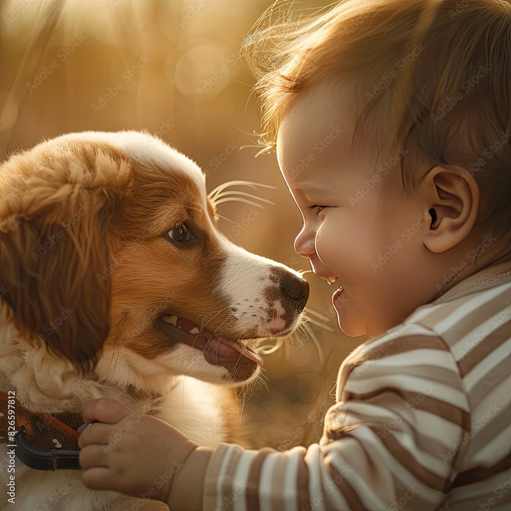 Baby and dog close-up hugging. Illustration for advertising activities to protect animals and pets.