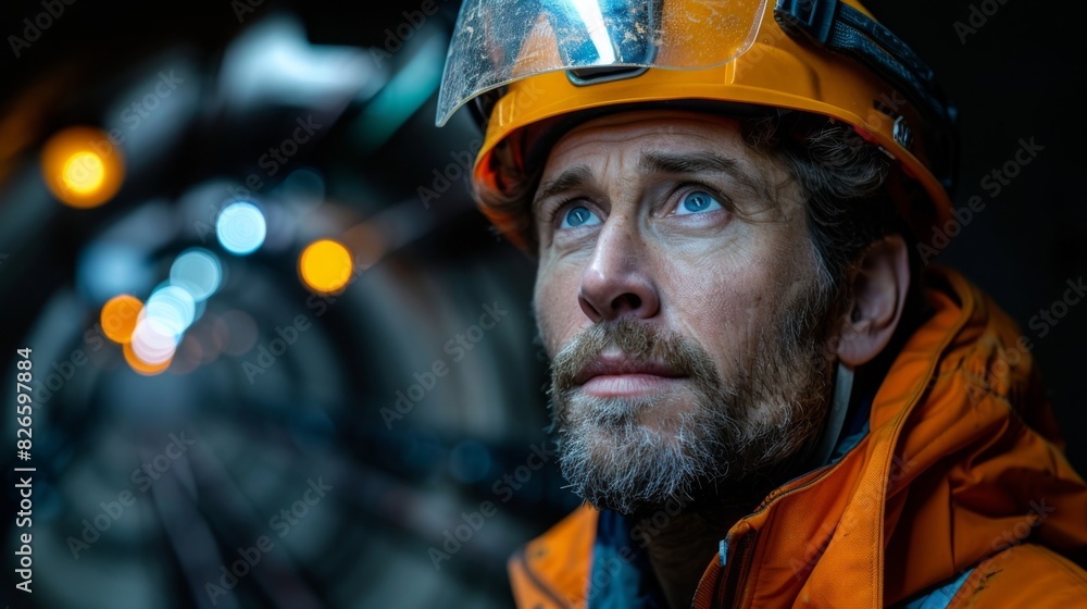 Portrait of miner in safety uniform, hardhat and lamp standing inside underground mine and checking ore production Portrait of miner in safety uniform, hardhat and lamp standing inside underground mine and checking ore production