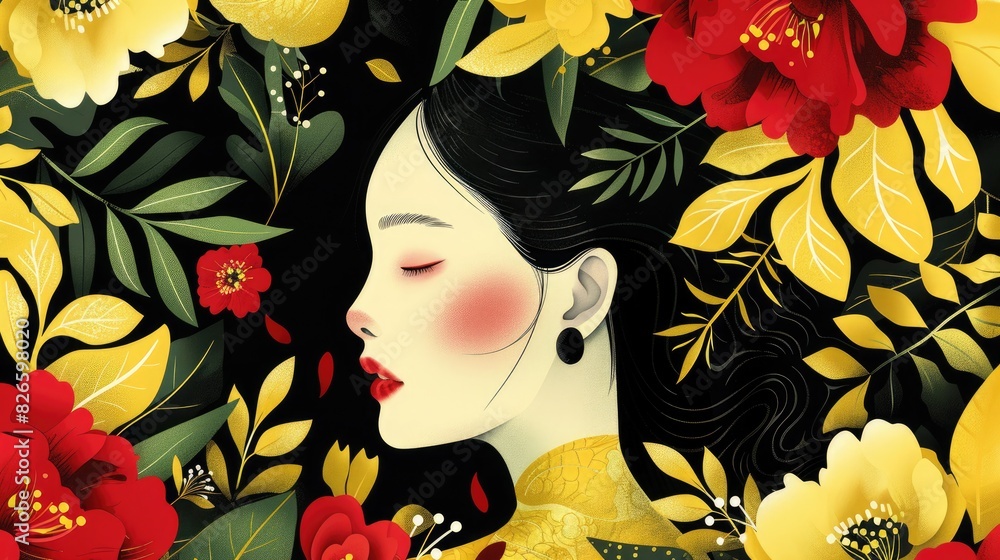 portrait of asian woman with dark hair, minimalistic collage with flowers and leaves in a vintage style portrait of asian woman with dark hair, minimalistic collage with flowers and leaves in a vintage style