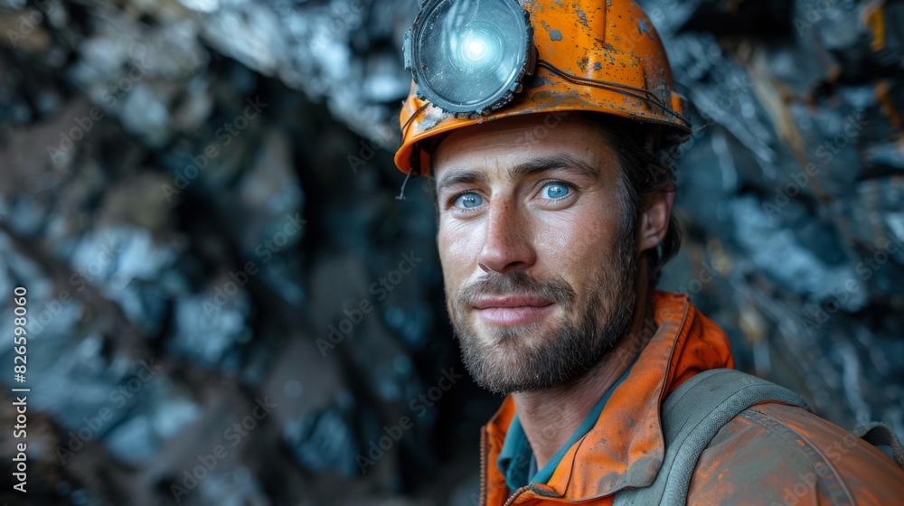 Portrait of miner in safety uniform, hardhat and lamp standing inside underground mine and checking ore production Portrait of miner in safety uniform, hardhat and lamp standing inside underground mine and checking ore production