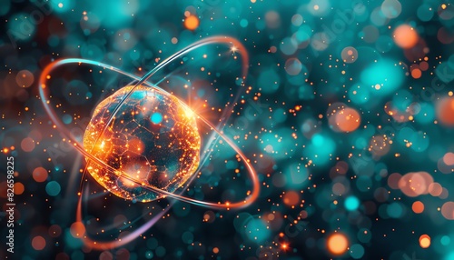 Abstract representation of an atom with glowing particles and bokeh effect on a blue and orange background, showcasing scientific and futuristic themes.