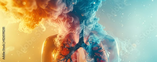 healthy lung structure, copy space, bright tones, double exposure silhouette with clean air photo