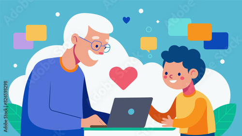 A heartfelt moment between a senior and a young volunteer as they bond over their shared love for technology and the connections it can bring.. Vector illustration