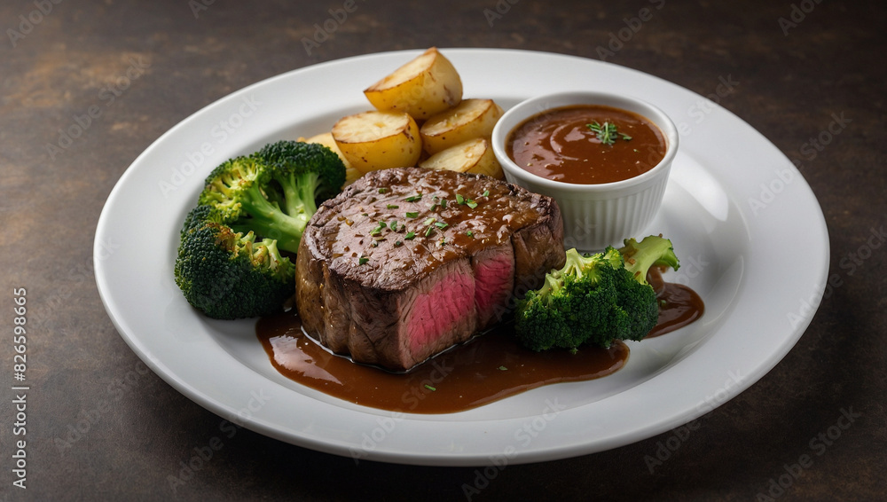 A plate of steak, broccoli and potatoes on the table. generative AI A plate of steak, broccoli and potatoes on the table. generative AI