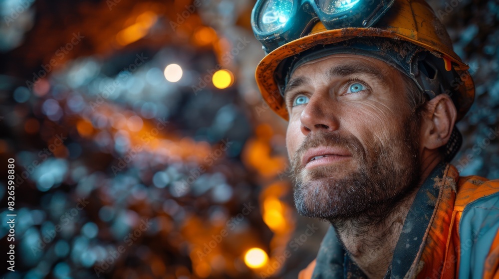 Portrait of miner in safety uniform, hardhat and lamp standing inside underground mine and checking ore production Portrait of miner in safety uniform, hardhat and lamp standing inside underground mine and checking ore production