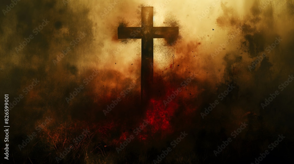 Cross in dark smoky atmosphere with red light Cross in dark smoky atmosphere with red light