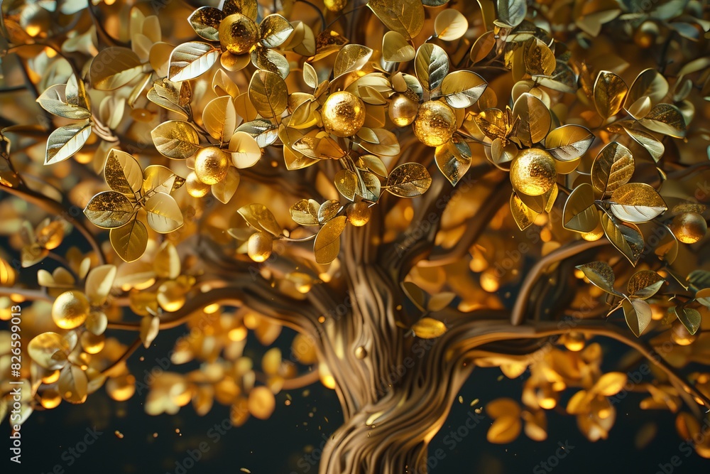 The image is a 3D rendering of a golden tree with golden leaves and fruits. The tree is set against a black background and has a realistic appearance. The image is a 3D rendering of a golden tree with golden leaves and fruits. The tree is set against a black background and has a realistic appearance.
