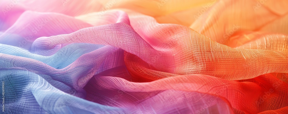 Vibrant and colorful close-up shot of translucent fabric layers in shades of pink, blue, and orange, creating a soft and flowing texture Vibrant and colorful close-up shot of translucent fabric layers in shades of pink, blue, and orange, creating a soft and flowing texture