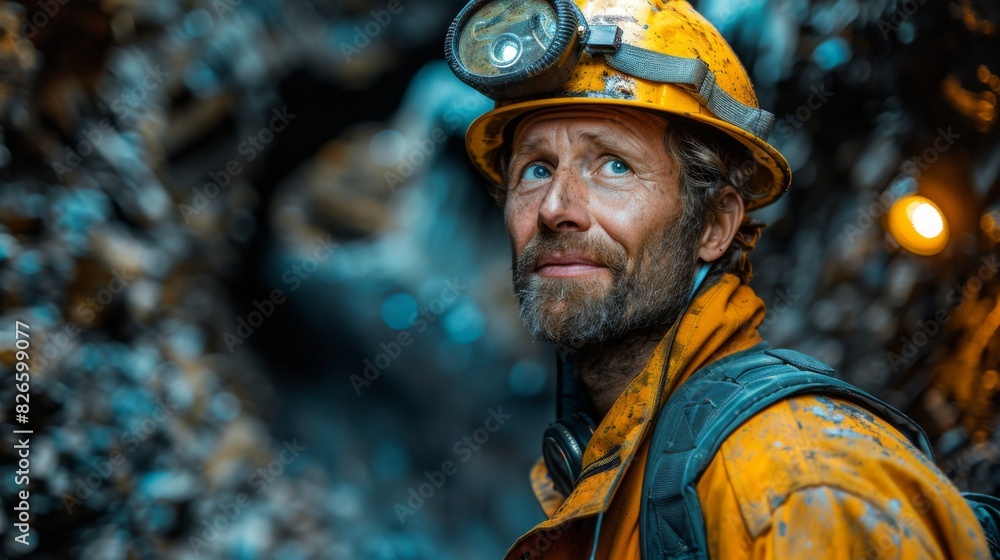 Fototapeta premium Portrait of miner in safety uniform, hardhat and lamp standing inside underground mine and checking ore production