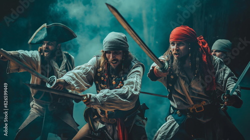group of swashbuckling pirates brandishing their swords and preparing for battle photo