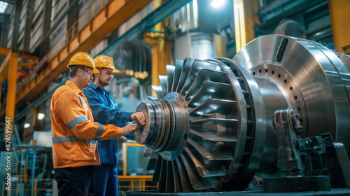 Industrial engineers inspecting a large machinery unit in a manufacturing facility