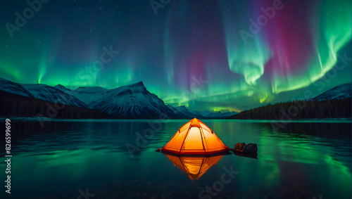 A glowing tent by a calm tranquil lake with the beautiful northern lights dancing in the sky