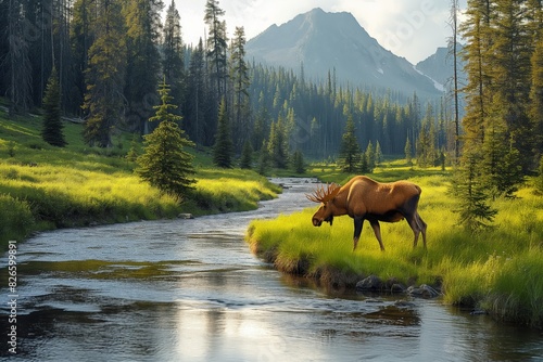 A calm handsome moose came to drink at a forest river and stands against the background of mountains and forests photo