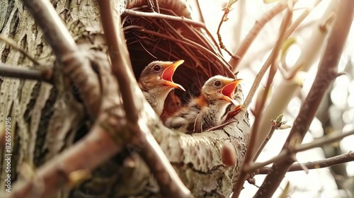   Two baby birds sit in a nest in a tree, with their beaks open and mouths agape © Olga