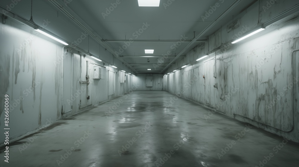 Fototapeta premium A Gloomy and Damp Industrial Basement Corridor