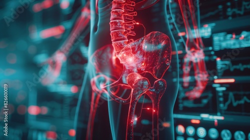 a person hip pain, overlaid with a red hologram and diagram of the hip joint