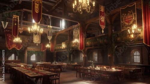 medieval banquet hall adorned with tapestries and banners during a festive celebration