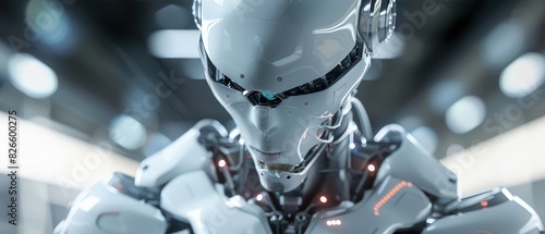 The image shows a close-up of a humanoid robot head. The robot is made of white metal and has a black visor over its eyes. It is
