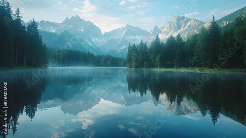 Majestic Mountain Landscape with Serene Mirrored Lake and Peaceful Forest Reflection © Thares2020