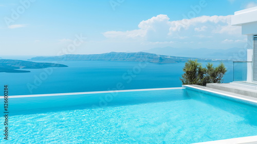 Minimalistic Luxury villa resort  blue swimming pool and sea  summer sky holiday  vacation travel  view water pool