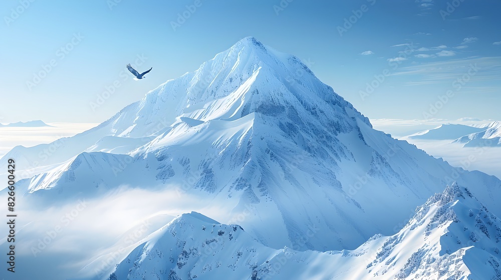 Majestic Snow Capped Mountain Peak with Soaring Eagle in Clear Blue Sky Showcasing Rugged Wilderness and Natural Serenity