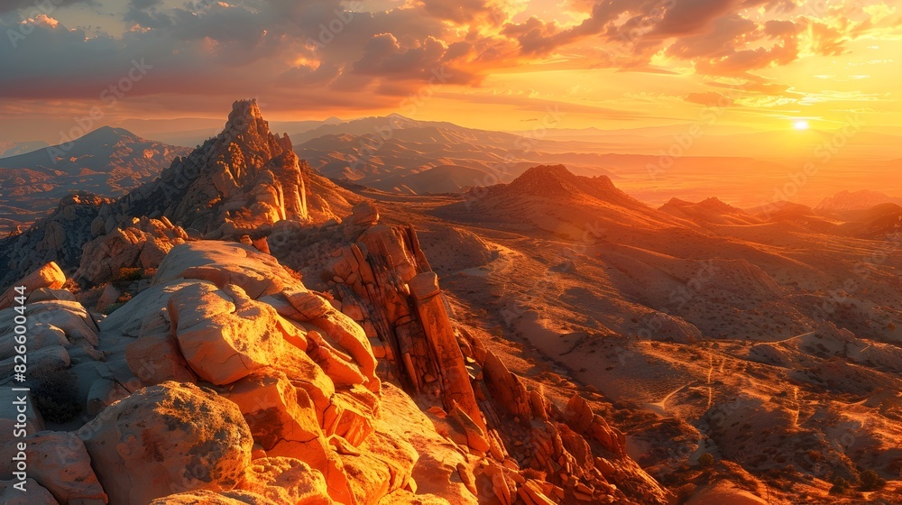 Breathtaking Sunset Over Dramatic Desert Mountain Range with Vibrant Orange Sky and Captivating Shadows