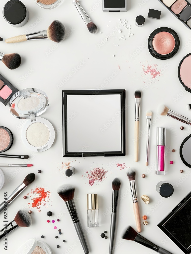 Flat lay of a makeup table with various cosmetics, brushes, and a mirror, open space in the middle for text Flat lay of a makeup table with various cosmetics, brushes, and a mirror, open space in the middle for text
