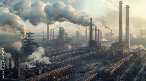 panoramic view of a sprawling industrial complex with towering smokestacks and conveyor belts