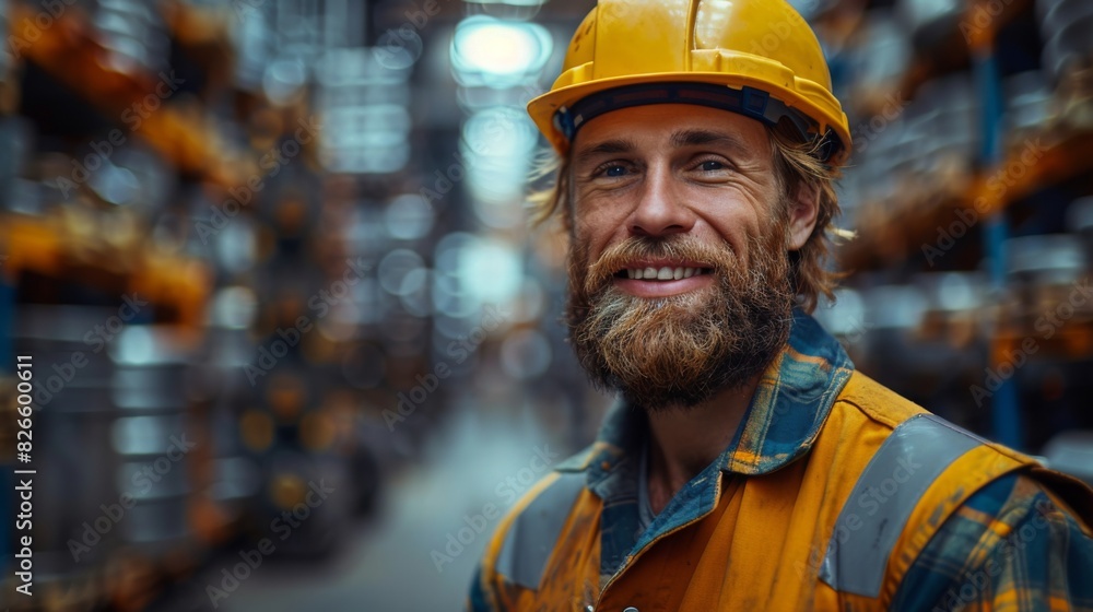 Shot of a handsome young bearded factory worker in uniform holding protective hardhat smiling joyfully to the camera posing Shot of a handsome young bearded factory worker in uniform holding protective hardhat smiling joyfully to the camera posing