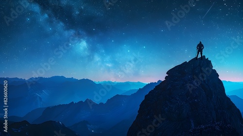 Climber Silhouetted Against Starry Mountain Peak at Twilight Showcasing Nature s Grandeur and © Thares2020