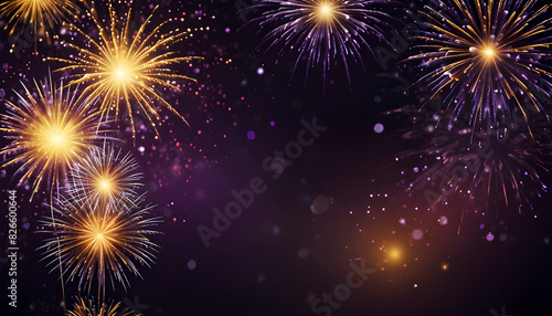 Celebration blurred background with golden and purple fireworks. Generative Ai © MDNAJIMODDIN