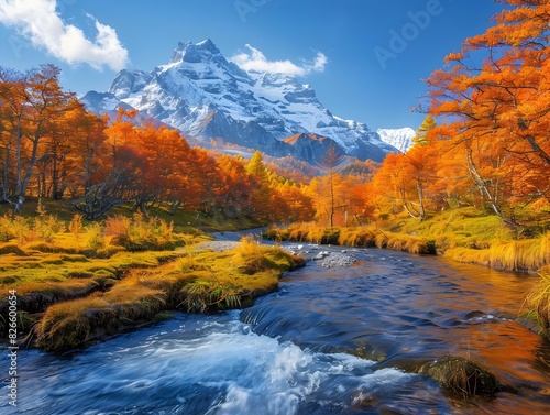 Enchanting Autumn Mountain Landscape with Vibrant Orange Foliage and Winding River under a Crisp Blue Sky